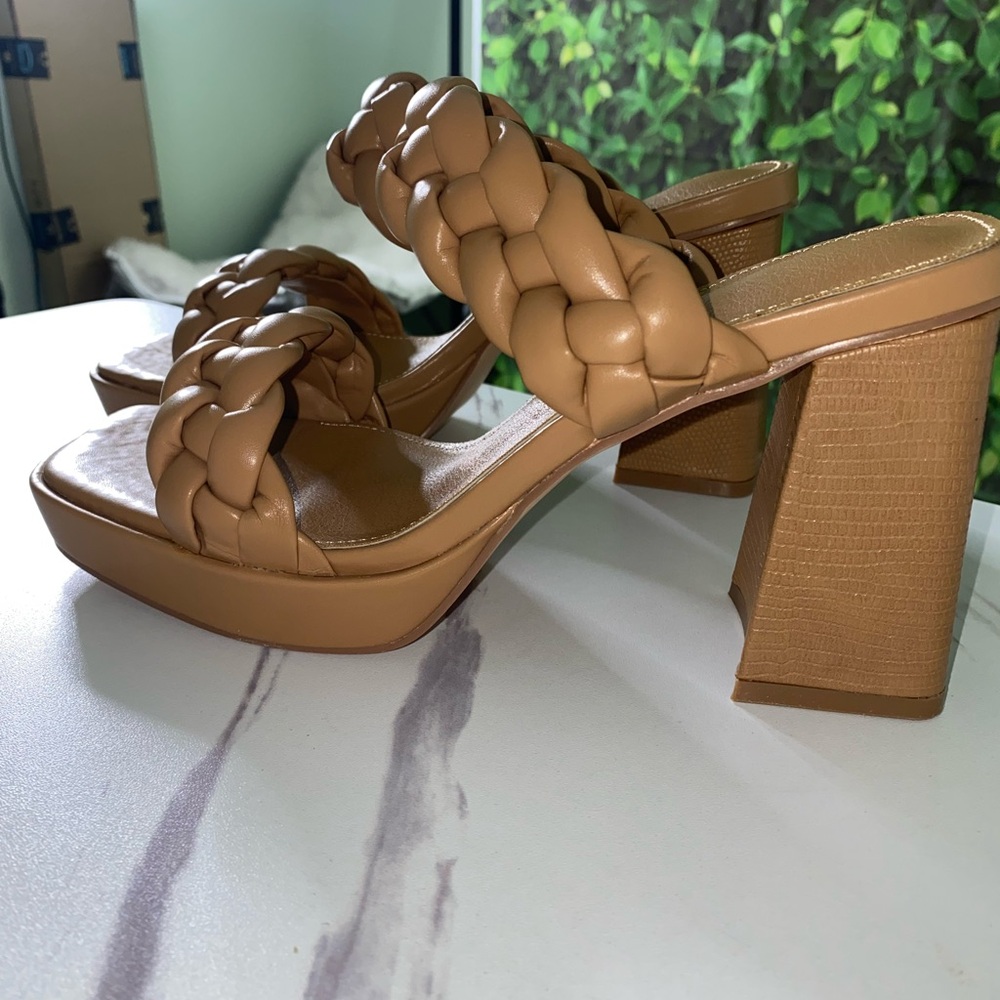 Elegant Tan Braided Block Heel Sandals